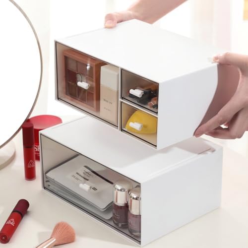 MILULUGO Desk Organizer with 4 Drawers, Makeup Organizer, Desktop Storage Box, Cosmetics Storage Box for nail polish, Li