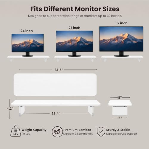 Bamboo Monitor Riser, Wide Desktop Monitor Stand for Desk with Clear Acrylic Legs, 31.5 x 8 inch Bamboo Wood Shelf, Fit 