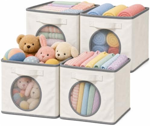 Fabric Storage Cubes with Mesh Window, 11'' Cube Storage Bin, Ivory, 4 Pack