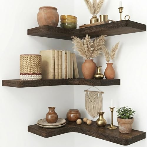 16 Inch Solid Wood Floating Corner Shelves, 3 Pack, Rustic Brown
