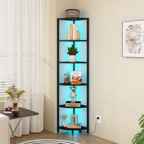 6-Tier Corner Shelf with LED Lights - 65" Tall Narrow Bookshelf, Standing Shelf with Storage Rack, Sturdy Metal Frame & 