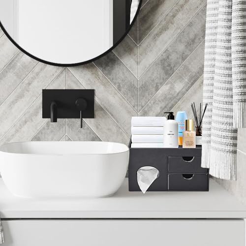 Square Tissue Box Cover with Drawers,Tissue Box Holder with Storage Tray,​ Makeup Organizer and Desk Organizer,Tissue Ho