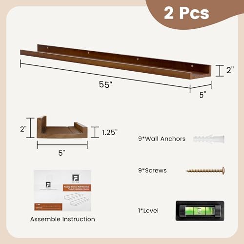 FLYJOE Picture Ledge Shelf, Floating Shelves Set of 2, Solid Pine Wood 55'' Long Large Nursery Book Shelves for Toys Storage, Kids Bookshelf for Living Room Bedroom Decor Books Photo Frames, Walnut