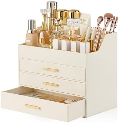 Lolalet Makeup Organizer for Vanity Desk, 4-Layer PU Leather Luxury Make Up Storage Cosmetics Holder Box with Drawers -B