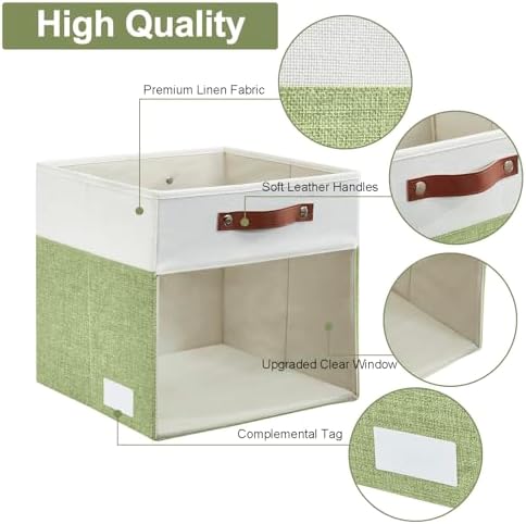 Bagnizer Storage Cubes, 4 Pack Linen Foldable Storage Bins (13 x 13 inch) with Clear Window and Handles, Fabric Organizer for Shelf Closet, Clothes, Books - (Green and White)