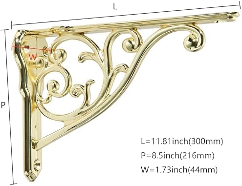 Ornate Decorative Shelf Brackets 12 inch Small Wall Mounted Shelving Bracket 4 Pack Polished Brass Vintage Shelf Bracket