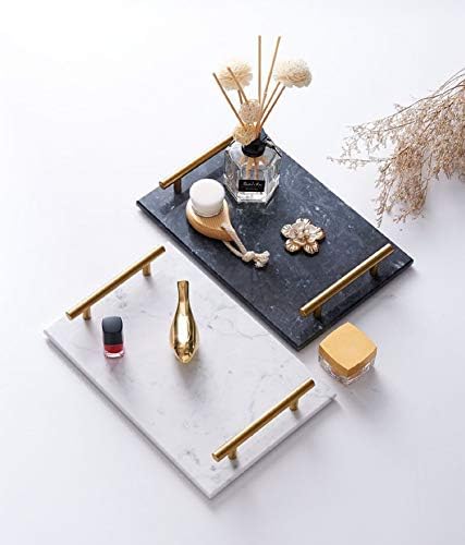 Marble Decorative Tray with Vintage Brass Metal Handles, Rectangle Luxury Bathroom Vanity Tray, Night Stand Perfume Hold
