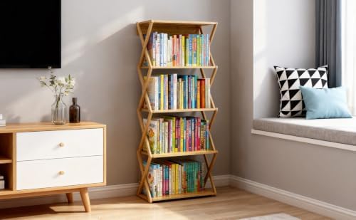 Aniston Bookshelf, 5 Tier Bamboo Bookcase with Back Panel, Standing Book Shelf for Small Space, Storage Shelves for Livi