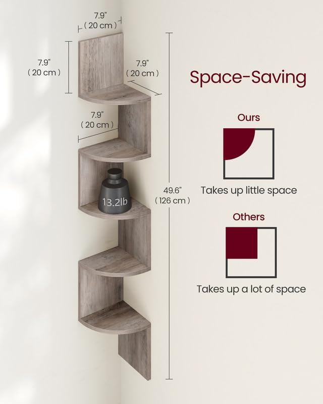 VASAGLE Corner Shelf Wall Mount, 5-Tier Floating Corner Bookshelf