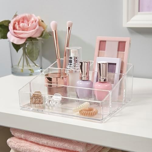 STORi Clear Plastic Small Countertop Vanity Makeup Organizer, Compact Rectangular 4-Compartment Holder for Brushes, Eyes