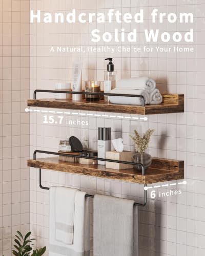 Seocry Bathroom Shelves, Wall Shelf Set of 3, Floating Shelves, Shelves for Room Wall, Bathroom Decor (Rustic Brown, 15.