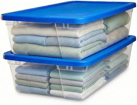 HOMZ 2-Pack Snaplock, Large Clear Plastic Storage Organizer Bins w/Lids, 41 Quart, Blue - Stackable Container Boxes for 