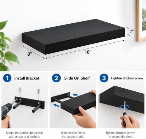WELLAND 16 inch Black Mission Floating Shelves for Wall, Bathroom Wall Mount Shelves, Wood Modern Display Shelves, Book 