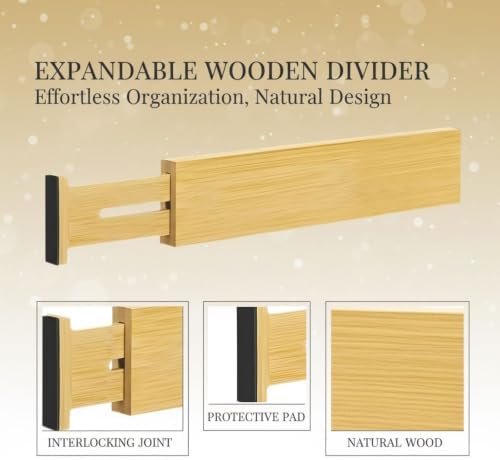4 PCS Expandable Wooden Drawer Dividers, 2.6 in High Adjustable Wood Drawer Organizers, 12.5 to 17.5 in Spring Loaded Se