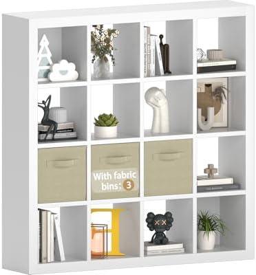 furtble Bookshelf with Storage Bins, 16-Cube Storage Organizer with Back Panels, Modern Wood Open Bookcase, Multifunctio