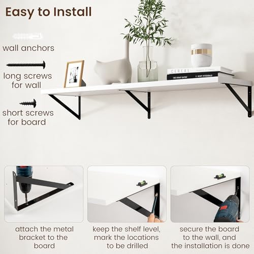 Axeman Floating Shelves for Wall White - 48 Inch Wide x 12 Inch Deep Wall Shelves Set of 2 - White Deep Wood Floating Sh
