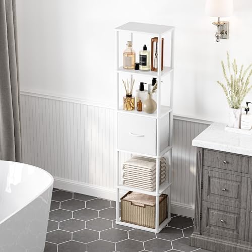 6-Tier Bookshelf Organizer, Narrow Bookcase,Tall Skinny Bookshelves, Standing Ladder Shelf with Drawer, Small Book Shelf