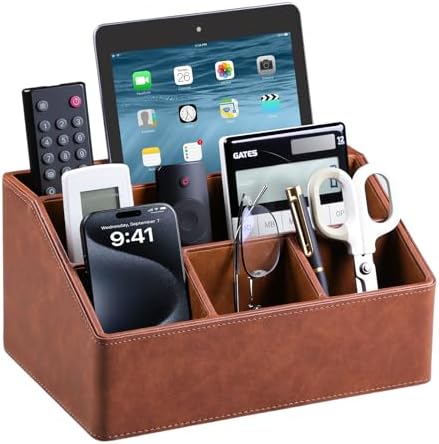 PU Leather Desk Organizer, Remote Control Holder, Brown