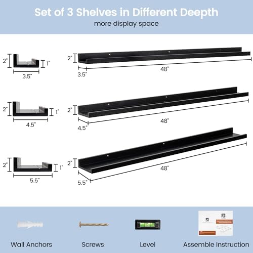 FLYJOE Picture Ledge Wall Shelves 48 inches Width Set of 3, Solid Pine Wood Rustic Floating Ledge Shelves for Wall for Kids' Room Bedroom Kitchen Bathroom Long Floating Shelves for Wall Decor, Black