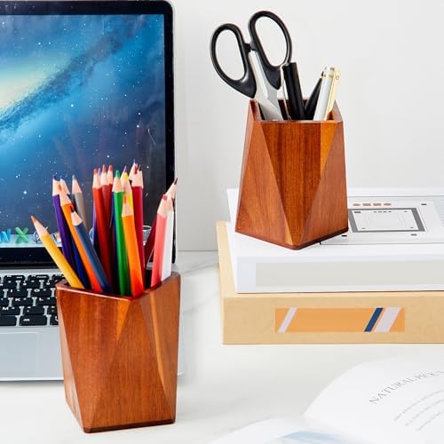Henoyso 2 Pcs Acacia Wood Geometric Pen Holder Pencil Cup Office Desk