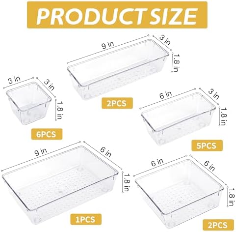 16 PCS Clear Drawer Organizers Set, 5 Varied Size Bathroom and Kitchen Drawer Cabinet Organizer Trays, Clear Plastic Des