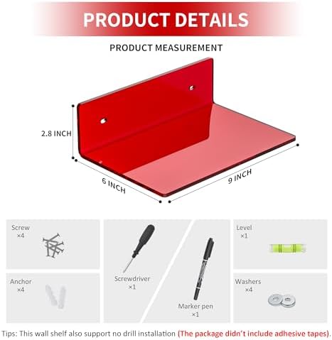 Sezanrpt 9 Inch Red Acrylic Small Wall Shelf, Home Wall Display Ledges for Storage, Room Décor, Space Saving, Items Organizer, 2 Pack