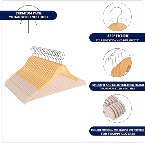 Wooden Hangers, 20 Pack, Non-Slip Velvet for Pants, Coats