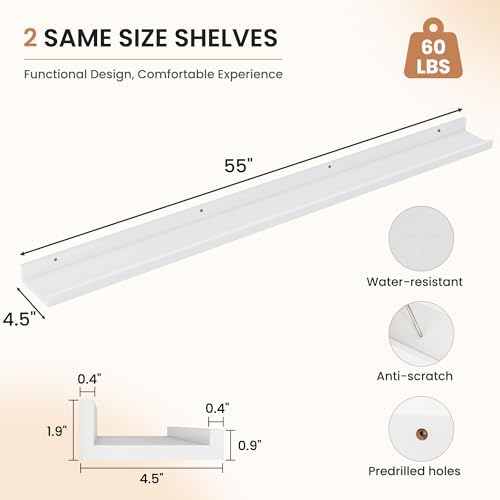 Dreamland Picture Ledge Shelf for Wall, Floating Shelves Set of 2,55 inch Long Floating Shelves with Lip for Living Room,Bedroom,Bathroom,Kitchen,White