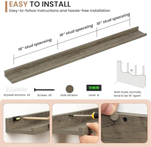 Dreamland Picture Ledge Shelf for Wall, Floating Shelves Set of 2,55 inch Long Floating Shelves with Lip for Living Room,Bedroom,Bathroom,Kitchen,Grey