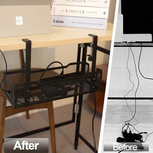 No Drill Under Desk Cable Management Tray with clamp-Premium Wire Tray Cord Organizer – Thin Steel Cable Tray Basket wit