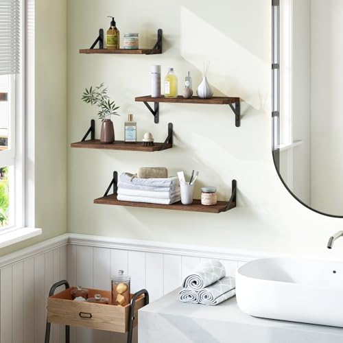 YGEOMER 4 Different Sizes Floating Shelves for Wall, Dark Carbonized Pine