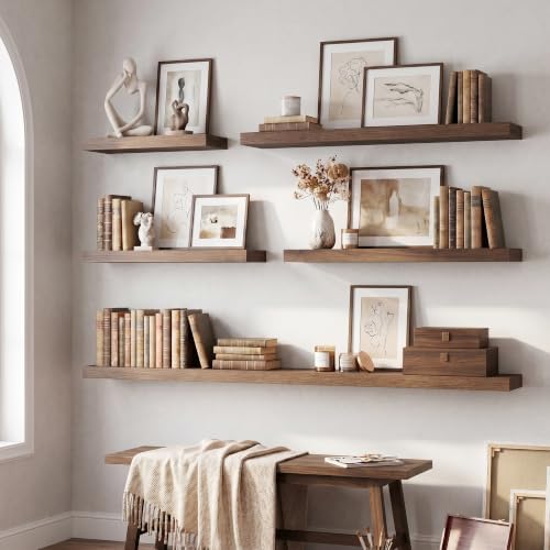 8 inch Deep Floating Shelves for Wall, 72" Wide, Walnut Finish, 2-Pack