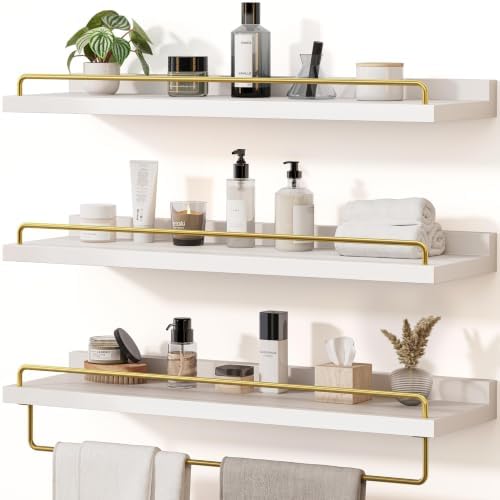 Seocry Bathroom Shelves, Wall Shelf Set of 3, Floating Shelves, Shelves for Room Wall, Bathroom Decor (White Gold, 23.1 