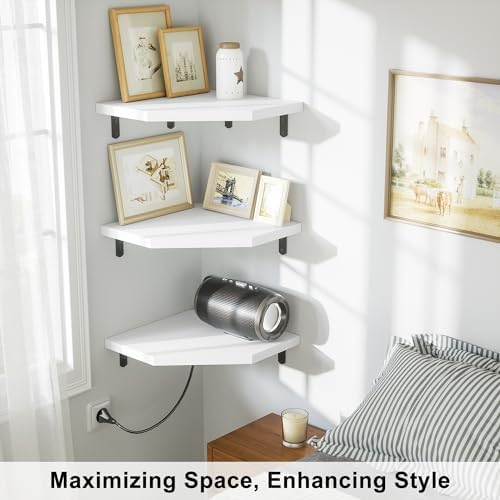 Alsonerbay Pine Wood Corner Shelves with Cable Cutout 3-Pack, White