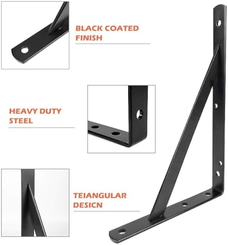 Shelf Brackets 12 inch, Heavy Duty Floating Shelf Bracket for Open Shelving, Black Metal L Bracket Angle Wall Brackets f