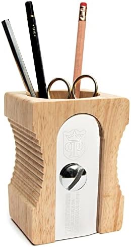 Suck UK Pen Holder - Wooden Pencil Sharpener - Stationary Organiser - Desk Tidy - Quirky Office Desk Accessories - Funny Pencil Pot Novelty Pen Holder - Vintage Teacher Gifts For Men - Light