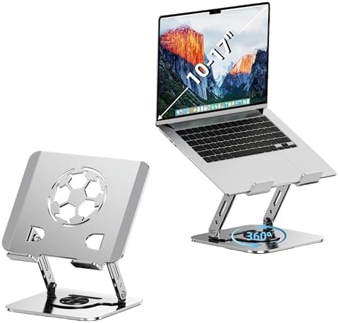 Laptop Stand for Desk, Adjustable Metal Foldable Laptop Riser with 360° Rotation & Football Vent Pattern, Ergonomic Comp