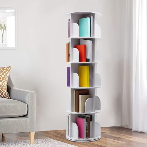 5 Tier Rotating Bookshelf Tower,360°Spinning Bookshelf Tower, Round Revolving Bookcase Organizer, Stackable Rotating Boo