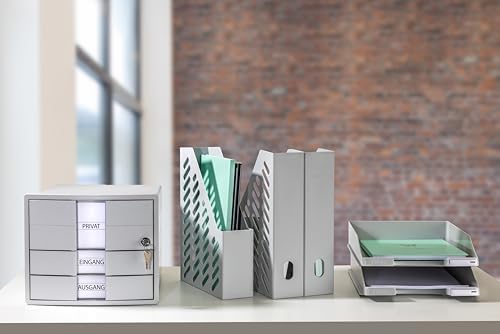 HAN Impuls 2.0 Drawer Box Lockable with 3 Closed Drawers for DIN A4/C4 Including Labelling Labels, Document Box, Base with Pull-Out Lock, Furniture-Friendly Rubber Feet, 1018-11, Light Grey