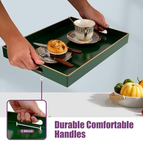 Gifturbo Large Serving Tray with Handles，Green Rectangular Plastic Elegant Decorative Coffee Table Trays for Ottoman, Li