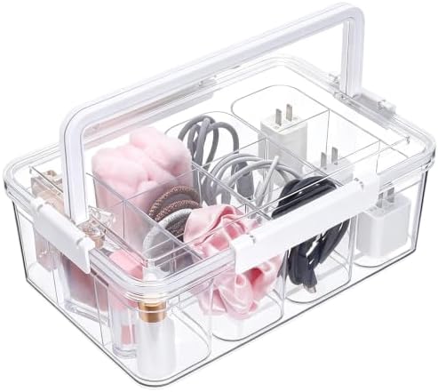Large Cable Storage Box with Lid Clear Power Cords Organizer 4 Adjustable Dividers Case Desktop Cable Management Box for