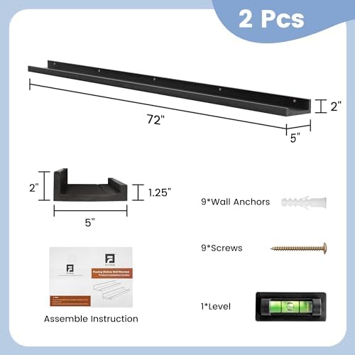 FLYJOE Picture Ledge Shelf, Floating Shelves Set of 2, Solid Pine Wood 72'' Long Large Nursery Book Shelves for Toys Storage, Kids Bookshelf for Living Room Bedroom Decor Books Photo Frames, Black