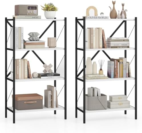 GIANTEX 4-Tier Bookshelf Set of 2, Industrial Bookcase with Heavy-Duty Metal Frame, Modern Open Storage Book Shelf, Book
