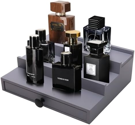 3 Tier Men's Cologne Organizer, Gray Wooden Display Stand with Drawer