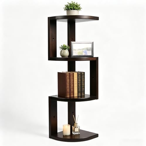 CONSDAN Corner Shelves, Solid Hickory Wood Corner Shelf Wall Mounted, 4 Tier Floating Corner Shelves for Wall, Wall Corn