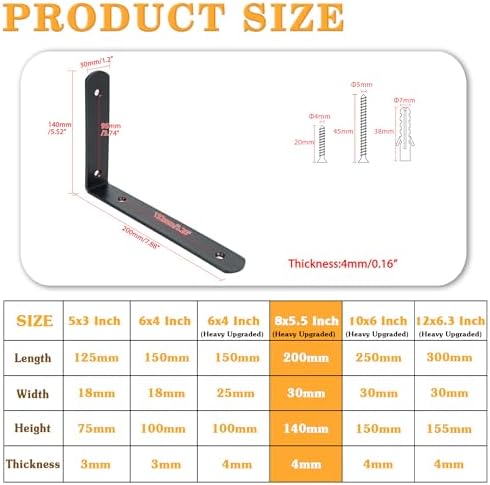 Alise Black Floating Shelf Brackets,Heavy Duty L Bracket,8x5-3/5 Inch,4 Pcs