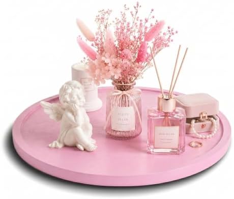 Lazy Susan Turntable Organizer, 12" Acacia Wood Decorative Tray, Pink
