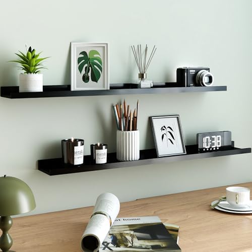 Black Floating Shelves for Wall Decor, 36 in Shelf with Lip Set of 2