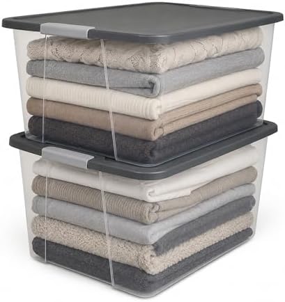 HOMZ Clear Plastic Storage Bin with Secure Latching Gray Lid, 64 Qt, 2 Pack