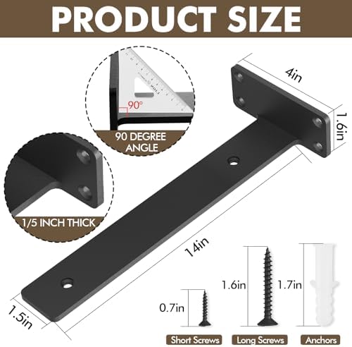 4 Pack Heavy Duty Metal Shelf Brackets 14 inch Long,Black